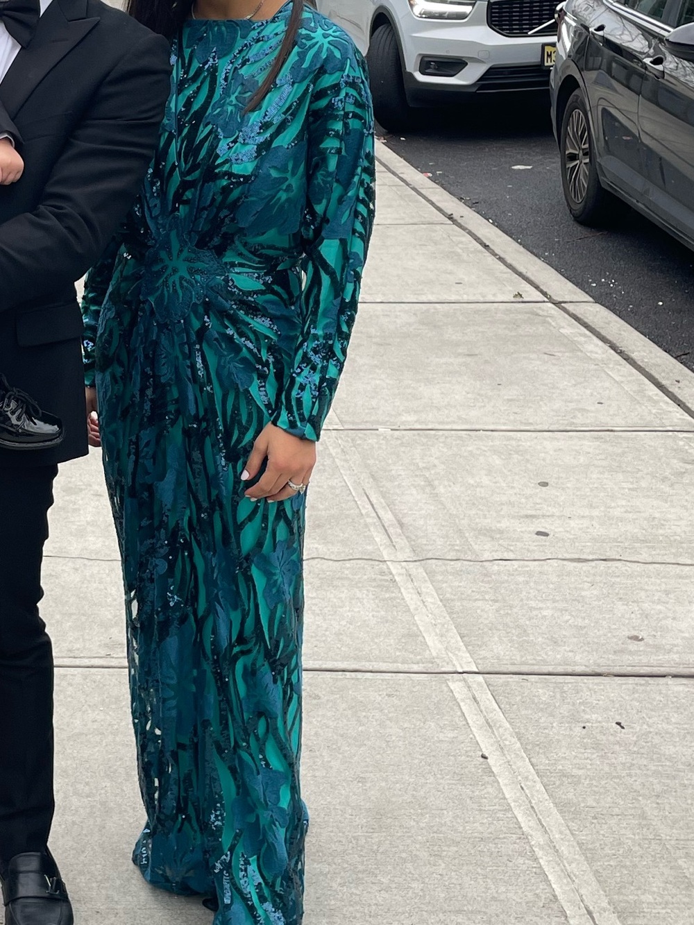 Tadashi Shoji Teal and Emerald Sequin Evening Gown. Worn once. Fixed collar line